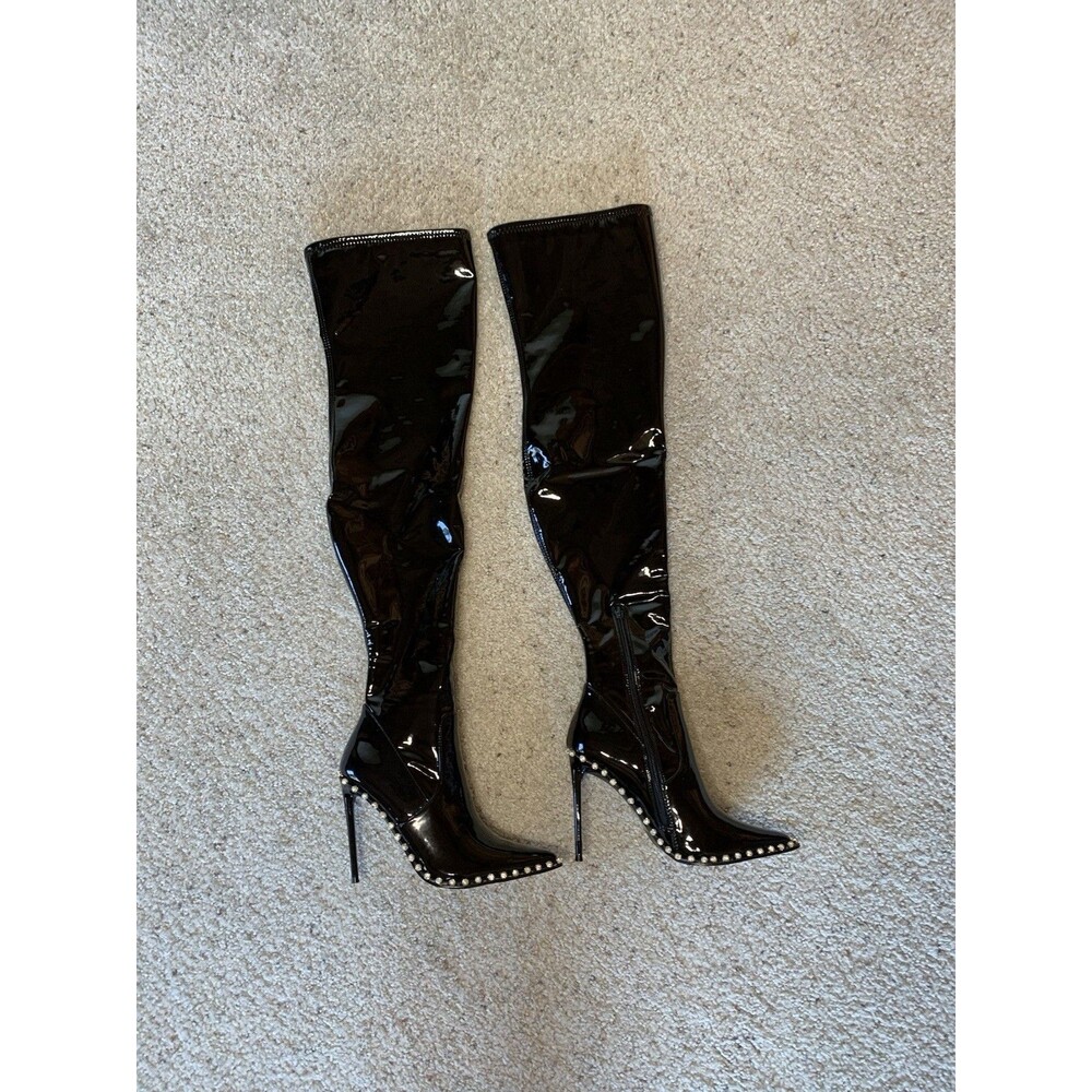 Steve Madden Vyva Black Rhinestone Thigh High Pantent Heeled Boots 7.5